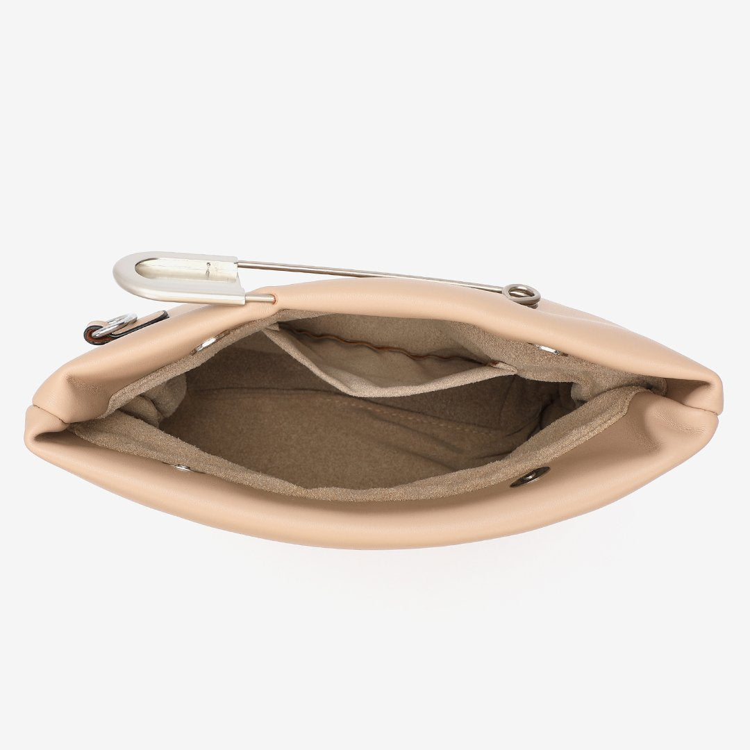 Safety pin embellished flap crossbody bag