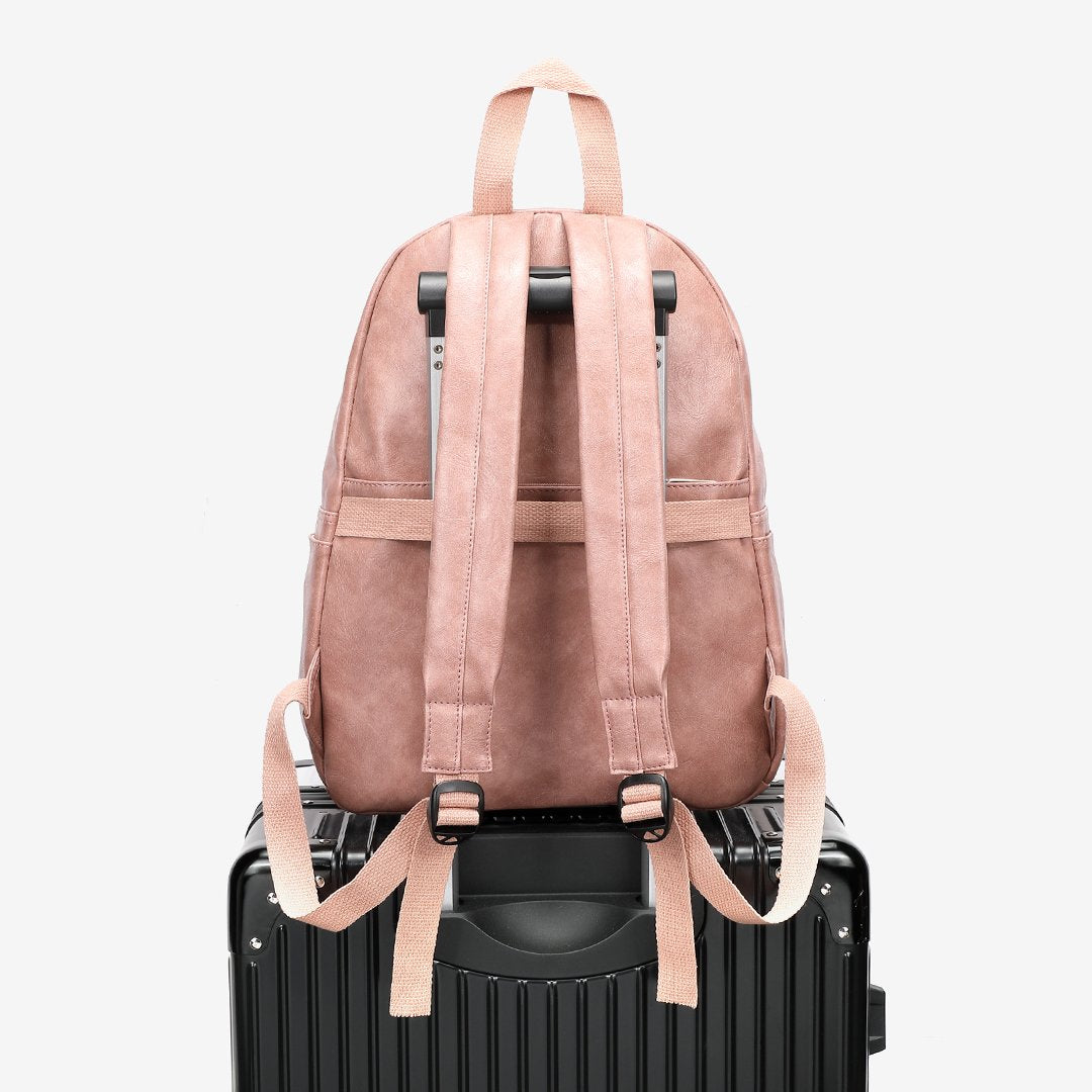 Buckled pocket marble-effect PU leather backpack