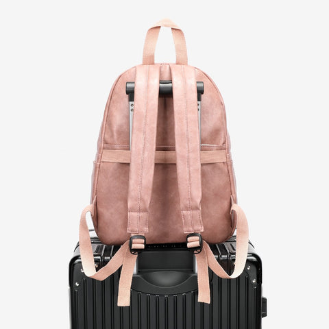 Buckled pocket marble-effect PU leather backpack