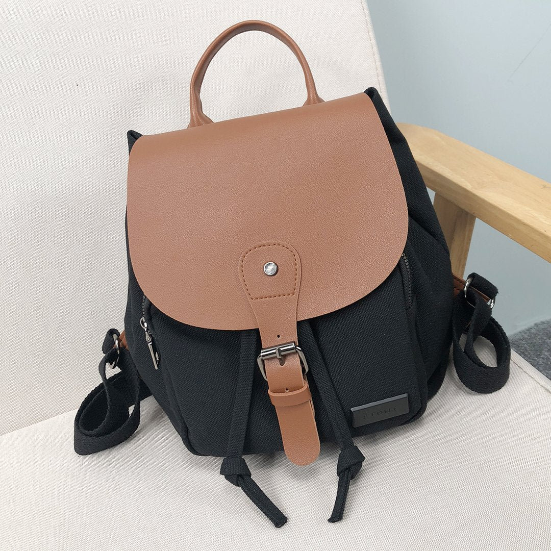 PU leather buckled strap flap small canvas backpack