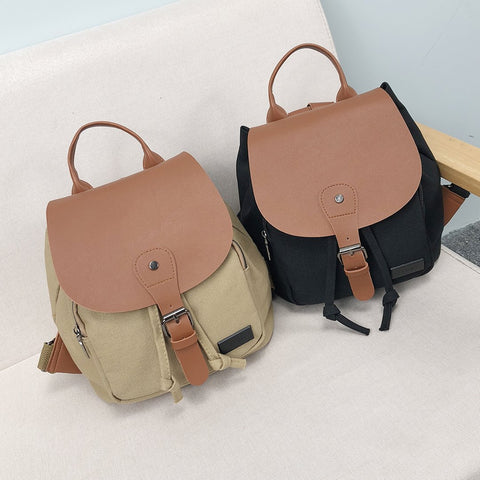 PU leather buckled strap flap small canvas backpack