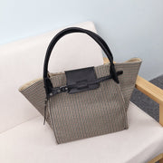 PU leather trim houndstooth trapeze canvas tote