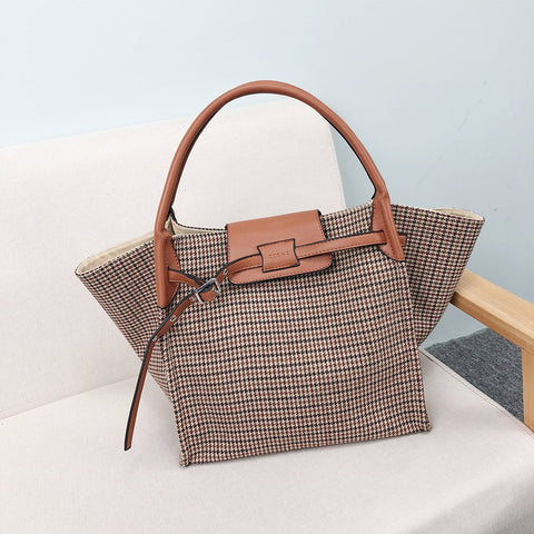 PU leather trim houndstooth trapeze canvas tote