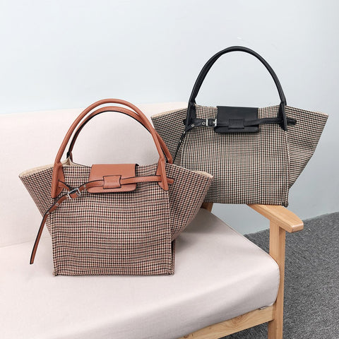 PU leather trim houndstooth trapeze canvas tote