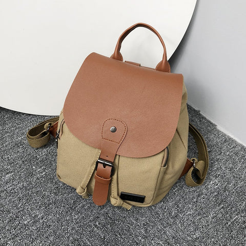 PU leather buckled strap flap small canvas backpack