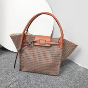 PU leather trim houndstooth trapeze canvas tote