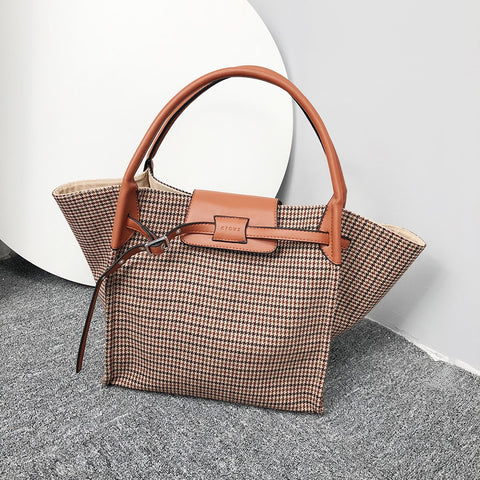 PU leather trim houndstooth trapeze canvas tote