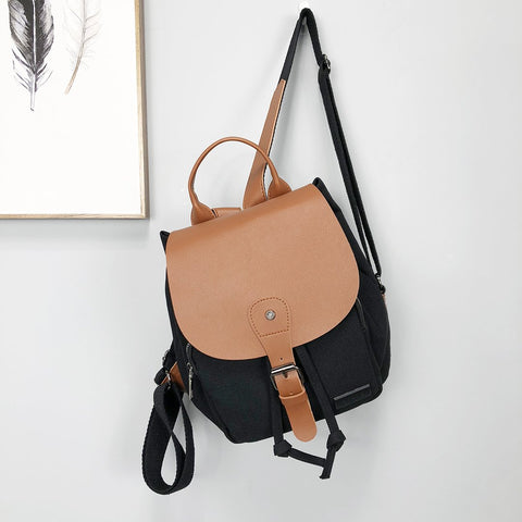 PU leather buckled strap flap small canvas backpack
