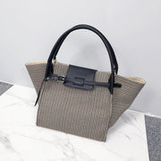 PU leather trim houndstooth trapeze canvas tote