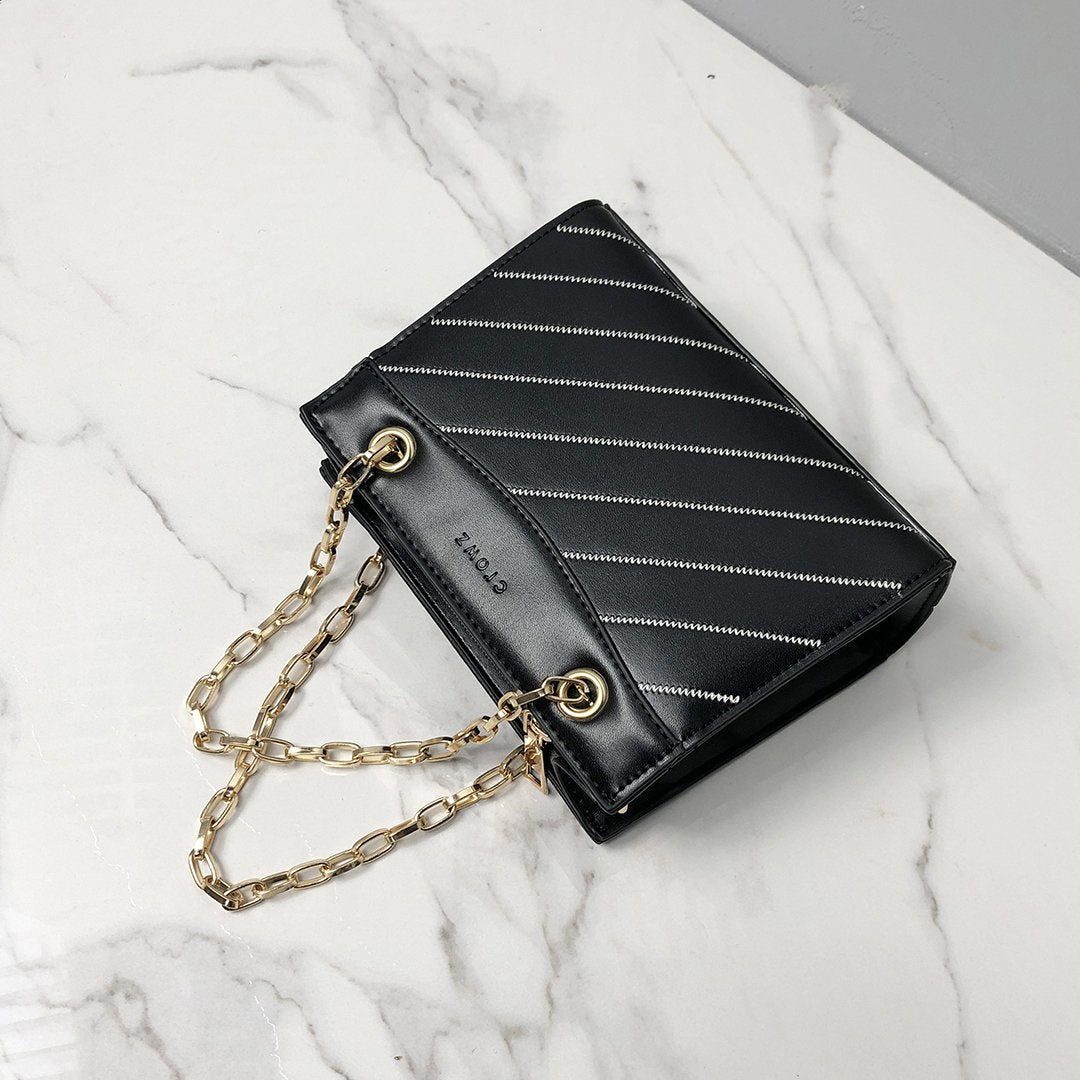 Striped panel chain handle PU leather crossbody bag