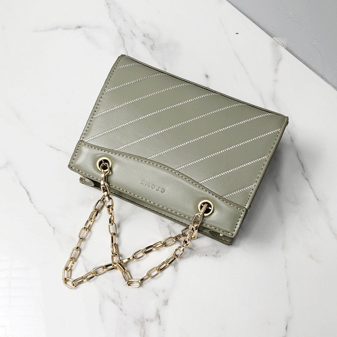 Striped panel chain handle PU leather crossbody bag