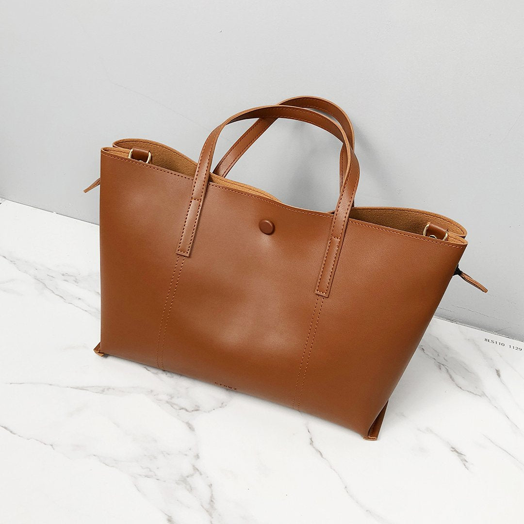Stud magnetic snap smooth PU leather tote bag