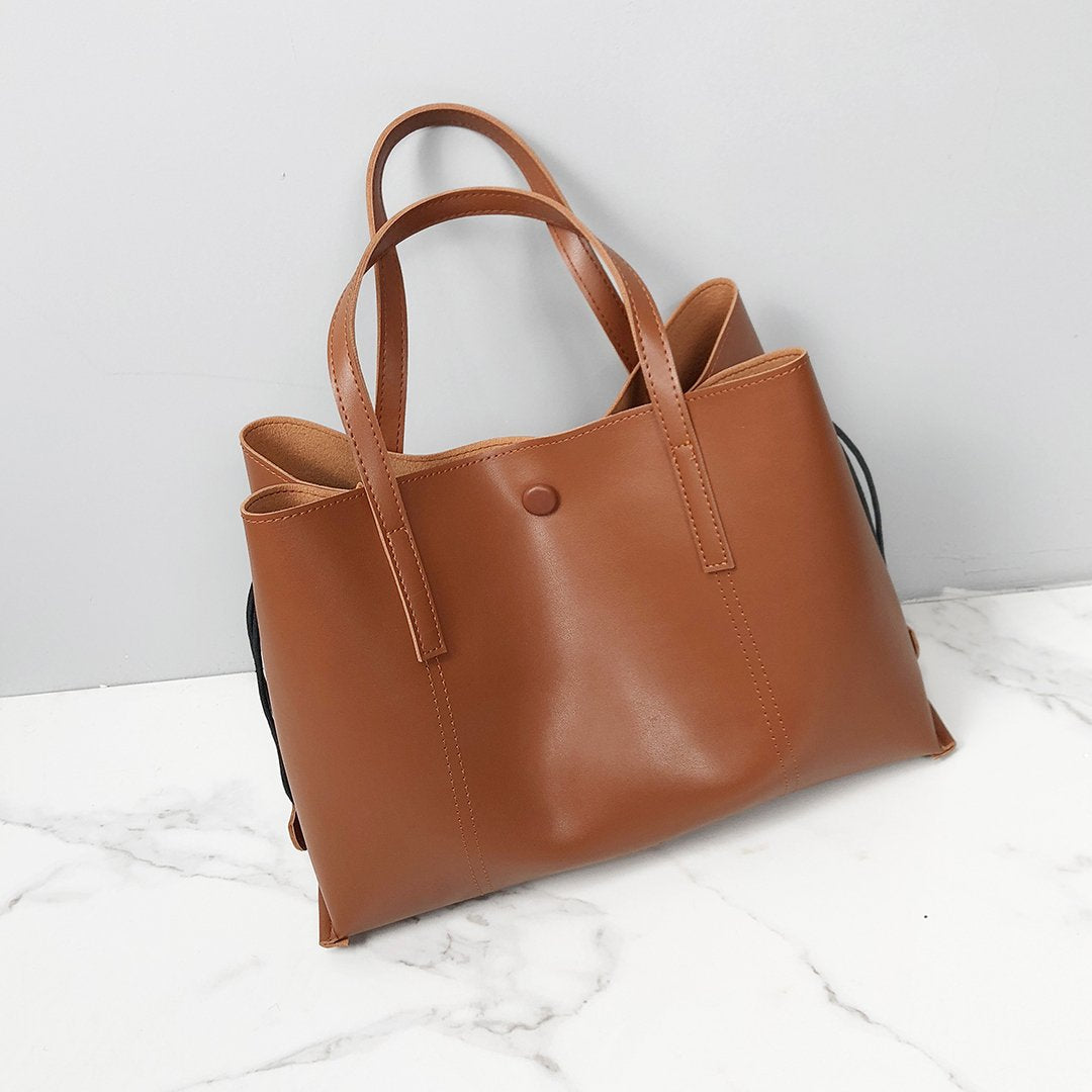 Stud magnetic snap smooth PU leather tote bag