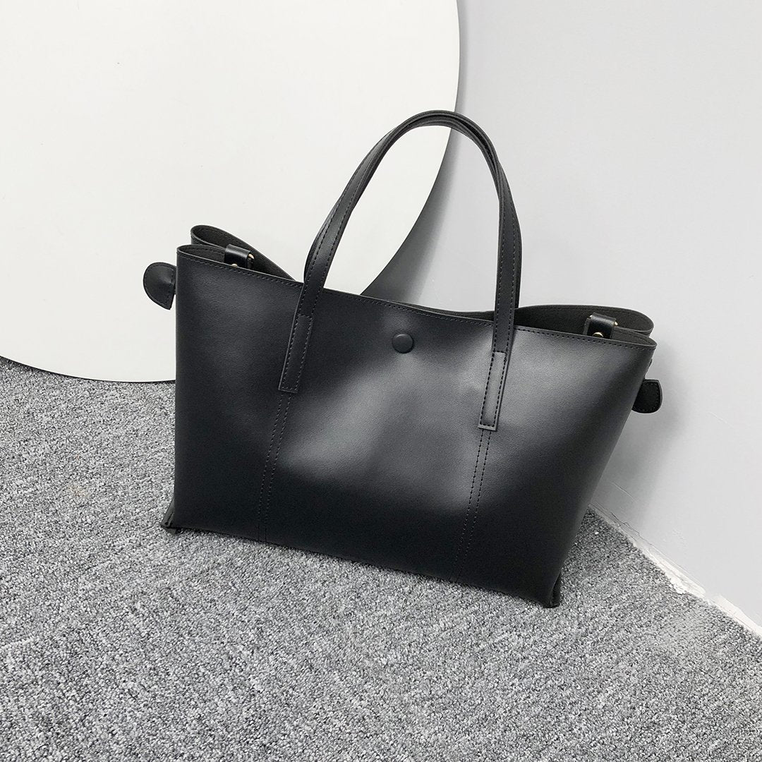 Stud magnetic snap smooth PU leather tote bag