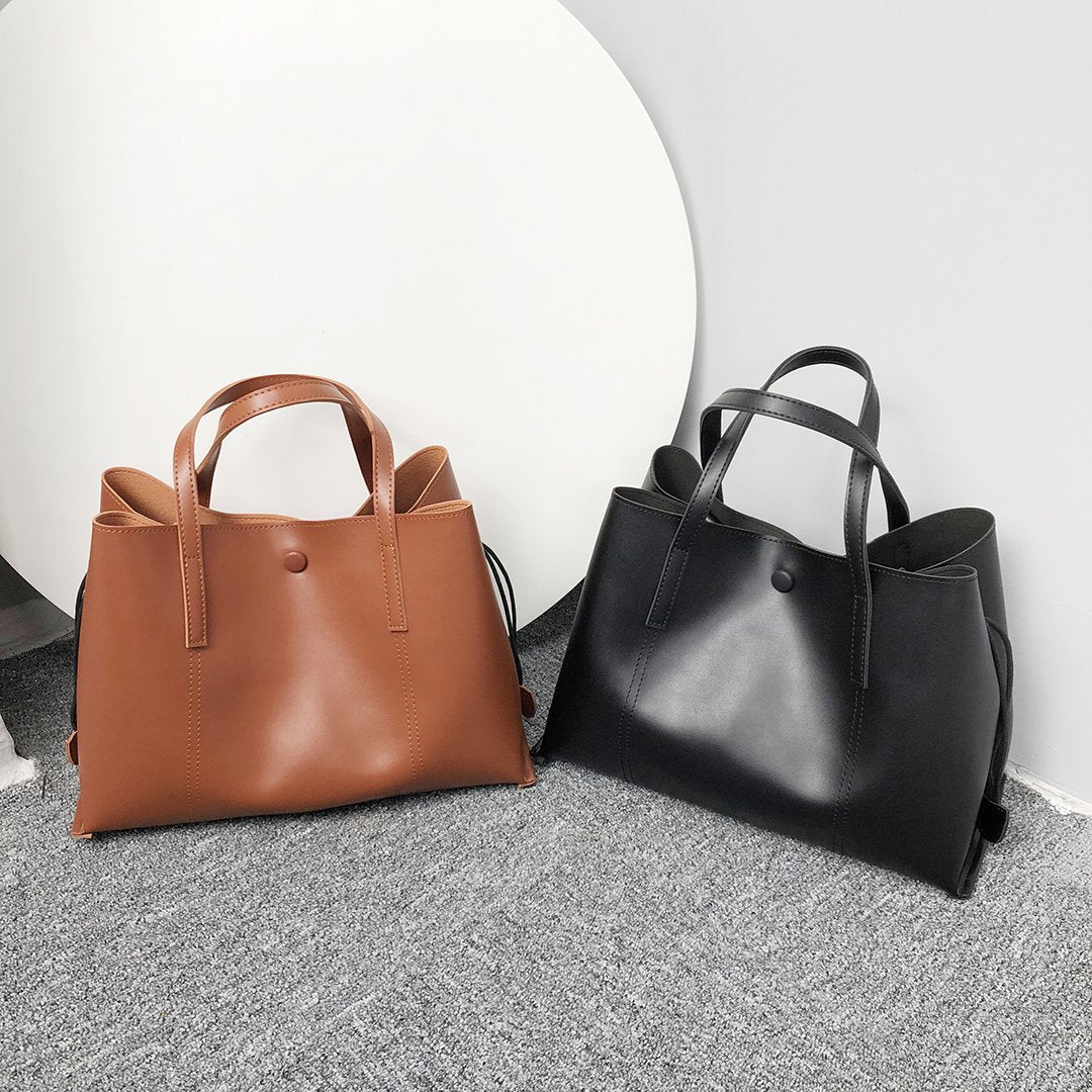 Stud magnetic snap smooth PU leather tote bag