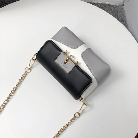 Metal loop lock colourblock PU leather crossbody bag