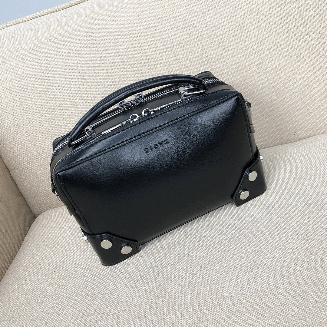 Studded corner marble-effect creased PU leather bag