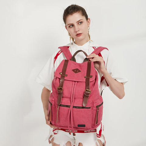 PU leather buckle-strap unisex canvas backpack