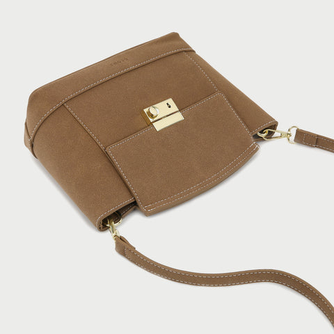 Modern metal-closure flap sculptural faux suede crossbody bag