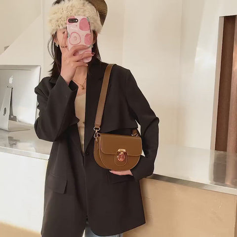 Elegant metal closure PU leather saddle crossbody bag