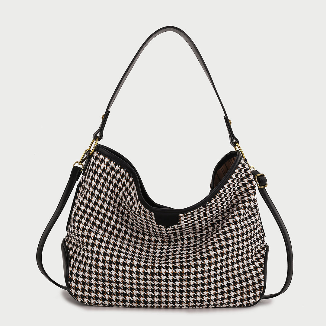 Houndstooth print PU leather trim shoulder bag (with an extra strap)