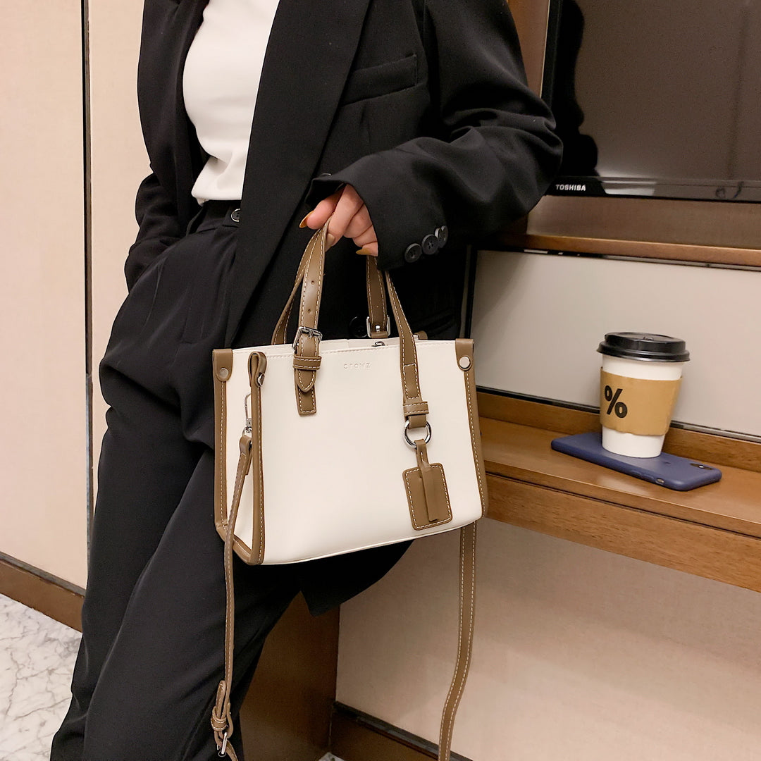 Colourblock handle studded 2-in-1 style PU leather tote bag