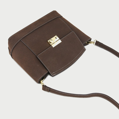 Modern metal-closure flap sculptural faux suede crossbody bag