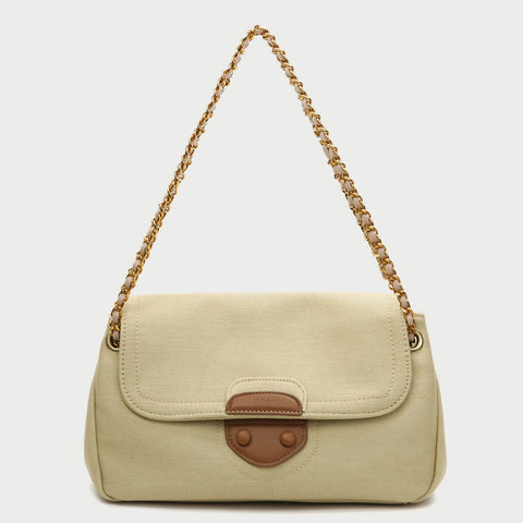 Contrast patchwork flapover PU leather shoulder bag