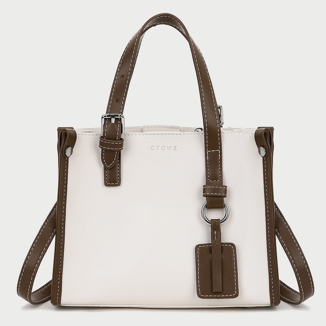 Colourblock handle studded 2-in-1 style PU leather tote bag