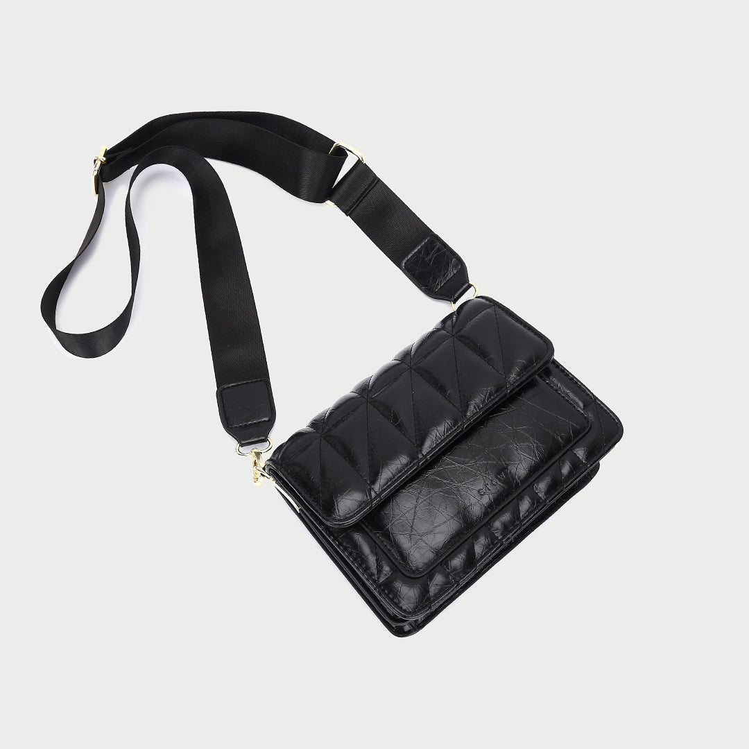 Flap style dual compartment quilted PU leather crossbody bag