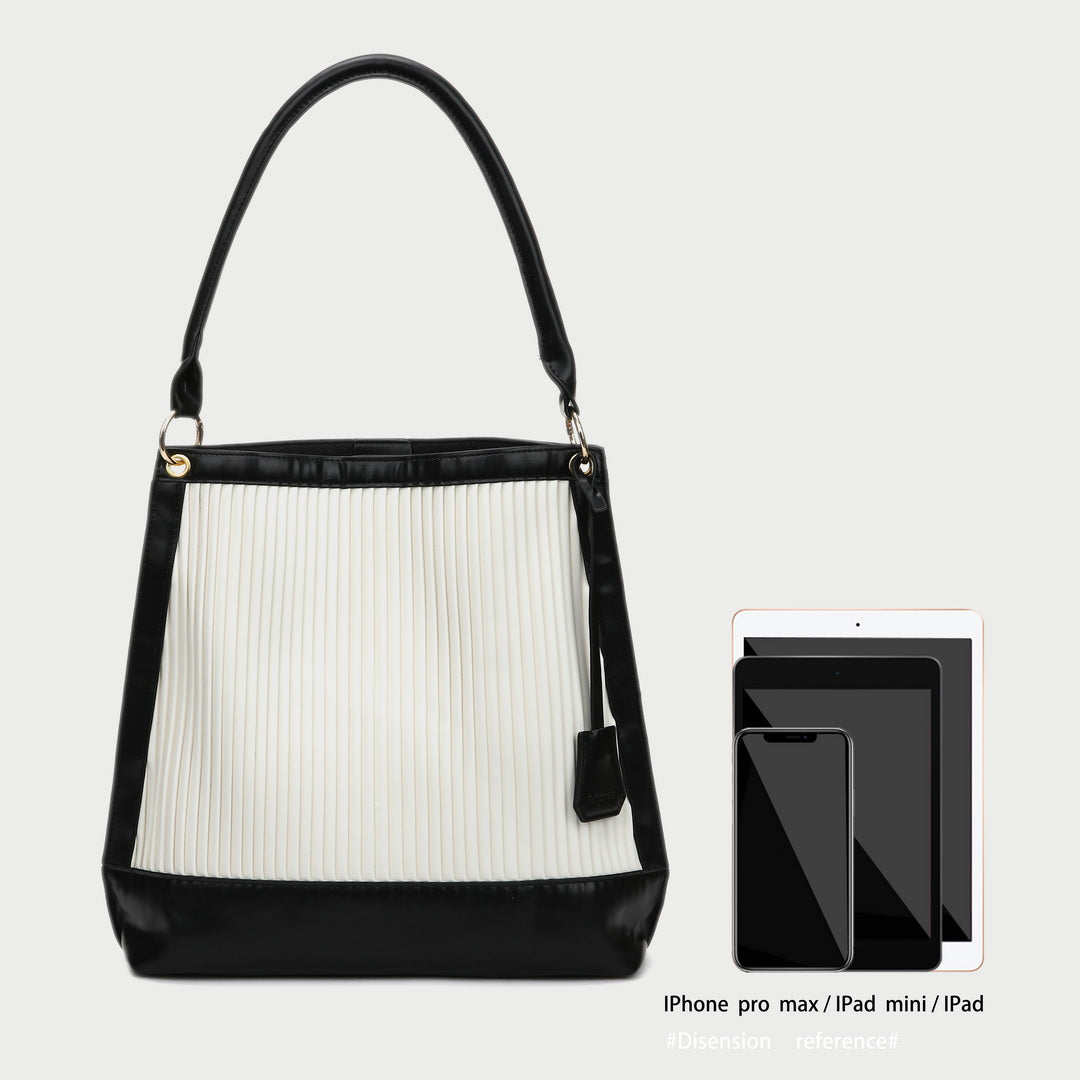 Contrast pleated panel trapezoid shape PU leather shoulder bag (2-in-1 style)