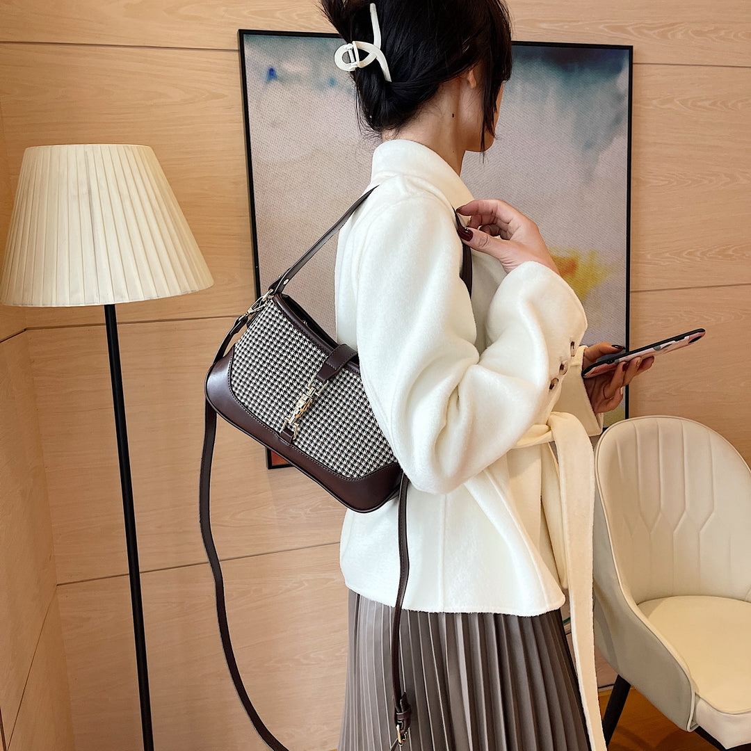 Strapped houndstooth canvas PU leather baguette bag