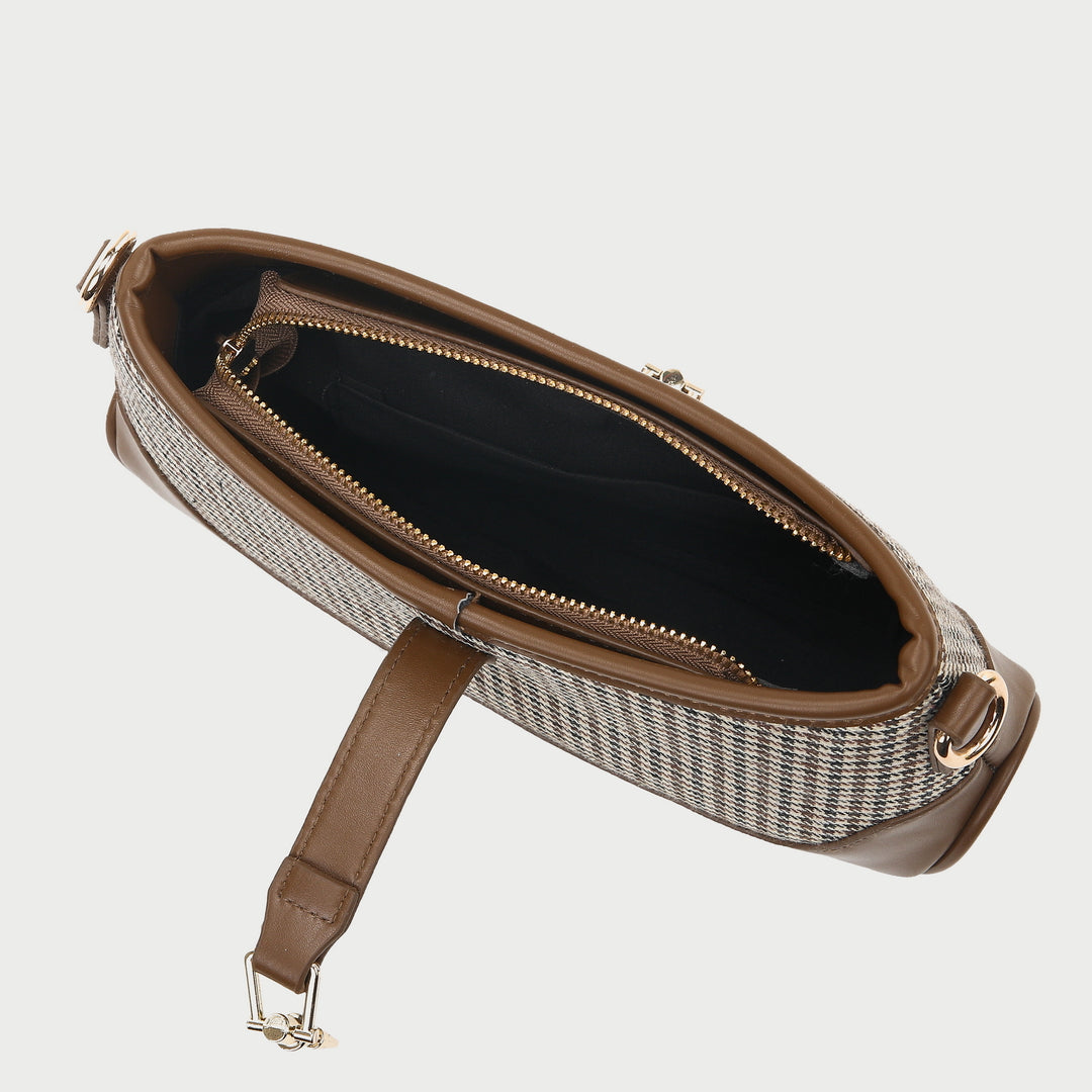 Strapped houndstooth canvas PU leather baguette bag