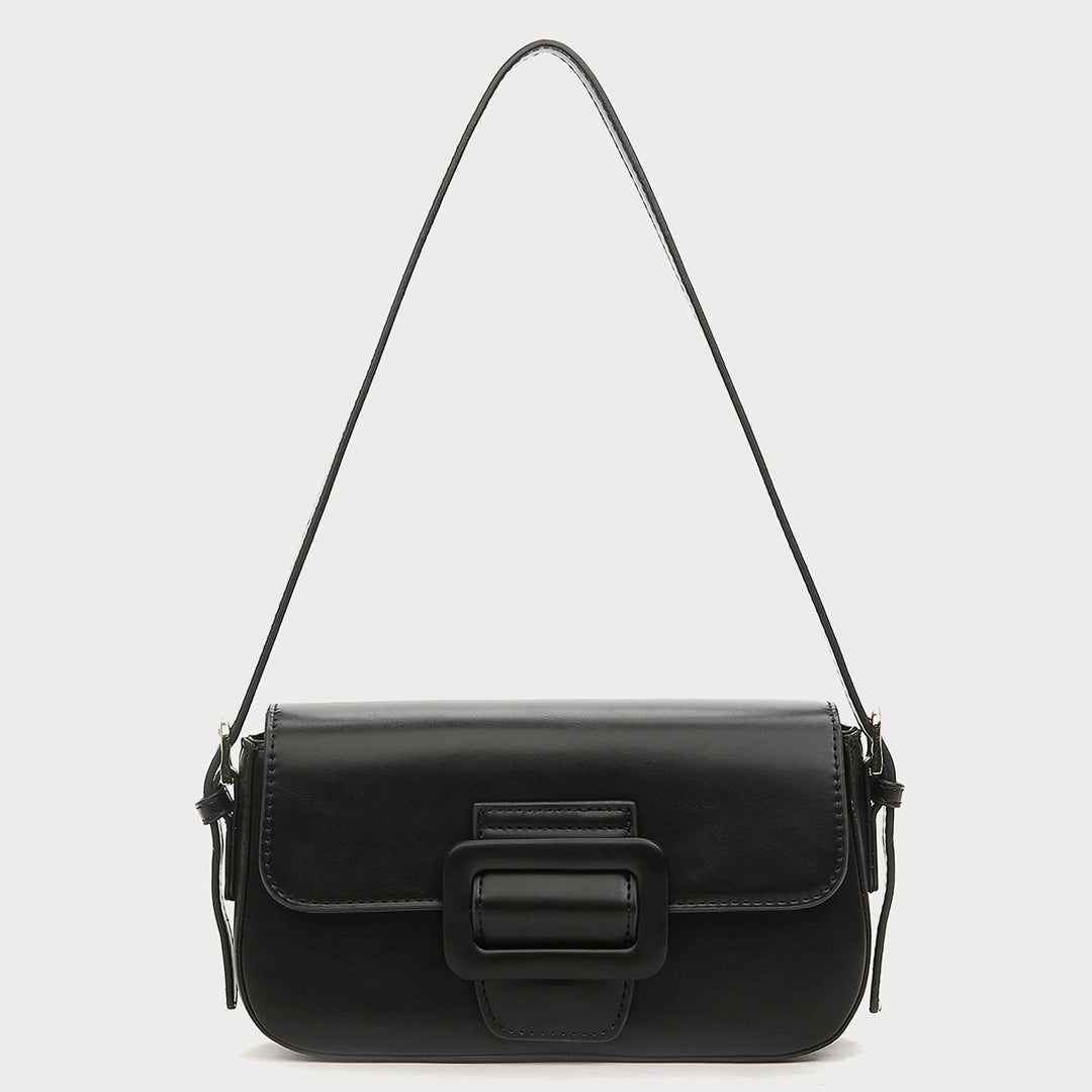 Classic buckle-strap flapover smooth PU leather shoulder bag