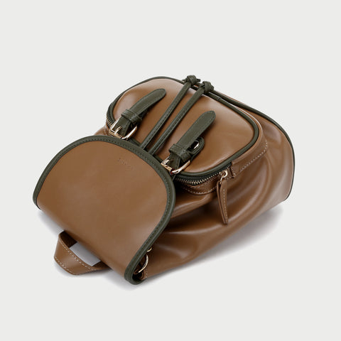 Retro buckle strap flap contrast piping PU leather backpack