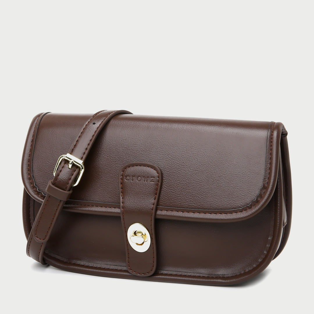 Metal turn-lock strap saddle style PU leather crossbody bag