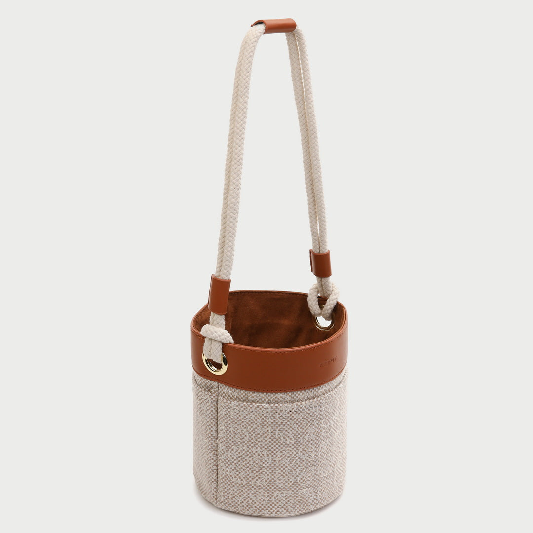 Contrast PU leather trim jacquard detail woven cylinder bucket bag