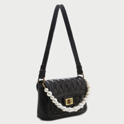 Faux pearl handle turn-lock quilted PU leather shoulder bag