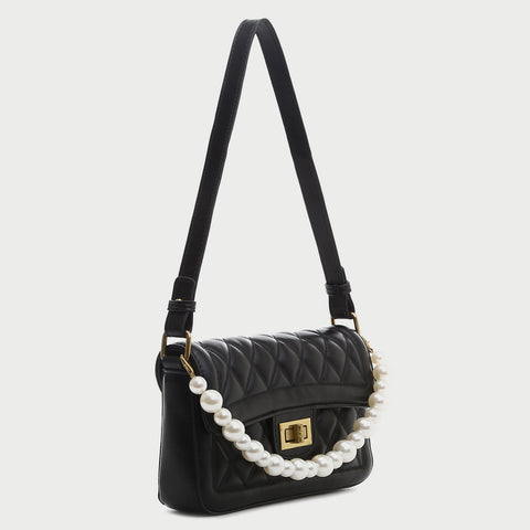 Faux pearl handle turn-lock quilted PU leather shoulder bag
