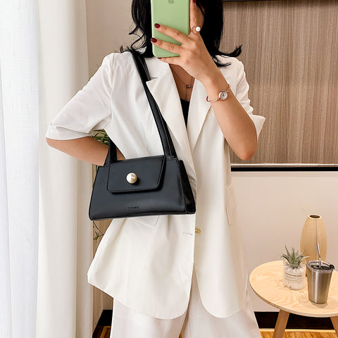Faux pearl embellished flap PU leather shoulder bag