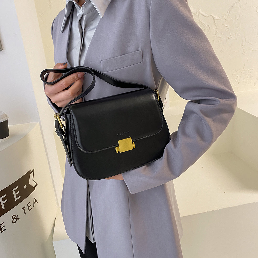 Metal square press lock minimalist saddle style PU leather shoulder bag