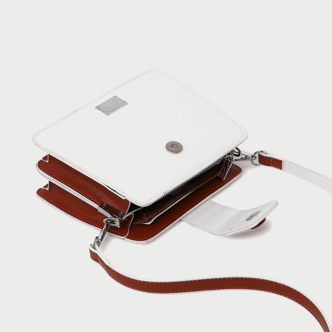 Button strap dual compartment PU leather crossbody bag