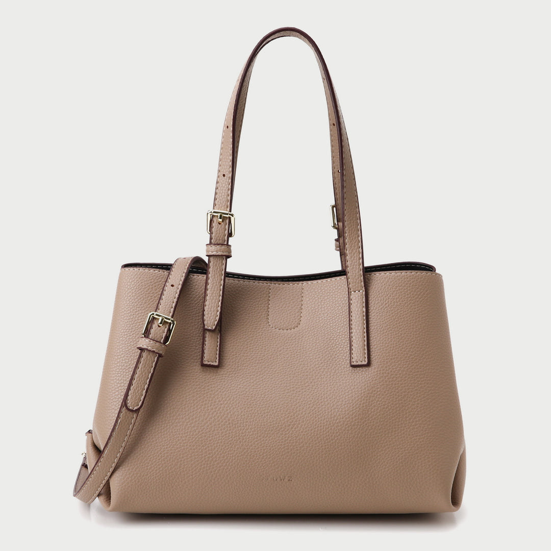 Minimal buckled handle dual compartment grained PU leather tote