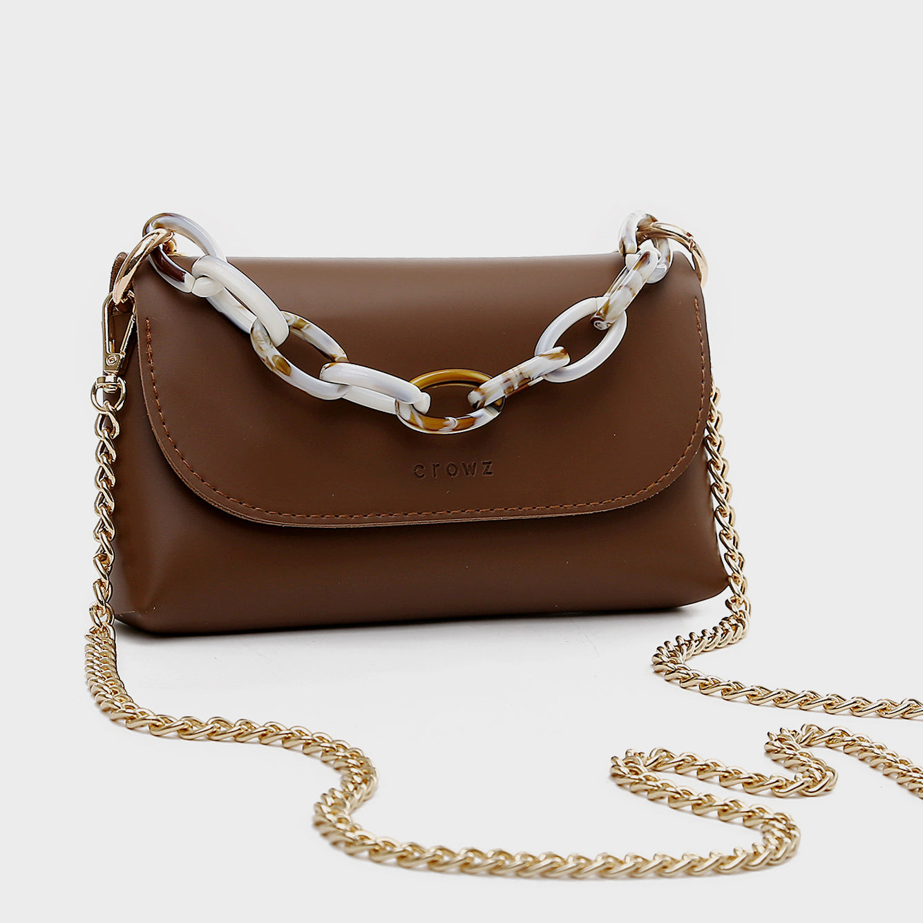Chain handle flapover slim PU leather crossbody bag