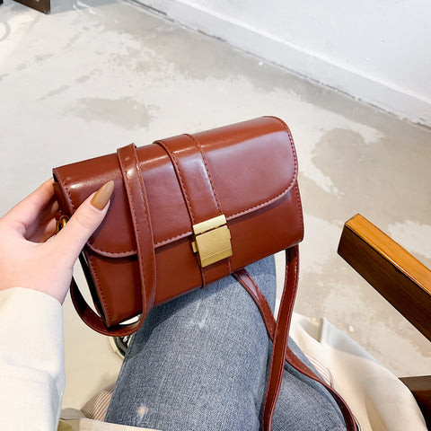 Metal pushlock strap style flapover PU leather crossbody bag