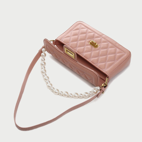Faux pearl handle turn-lock quilted PU leather shoulder bag
