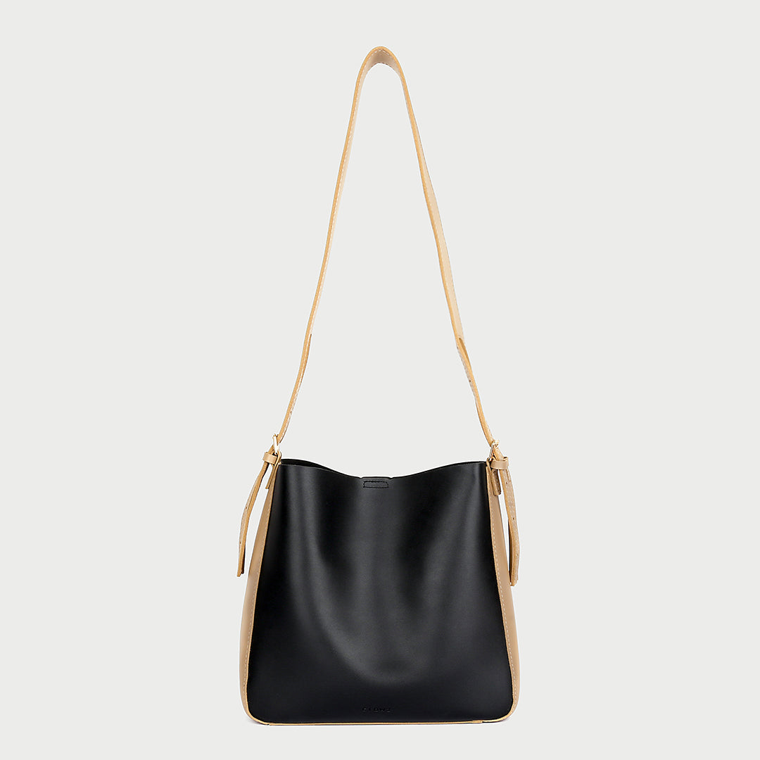 Double buckle detail shoulder strap PU leather bucket bag (2-in-1 set)