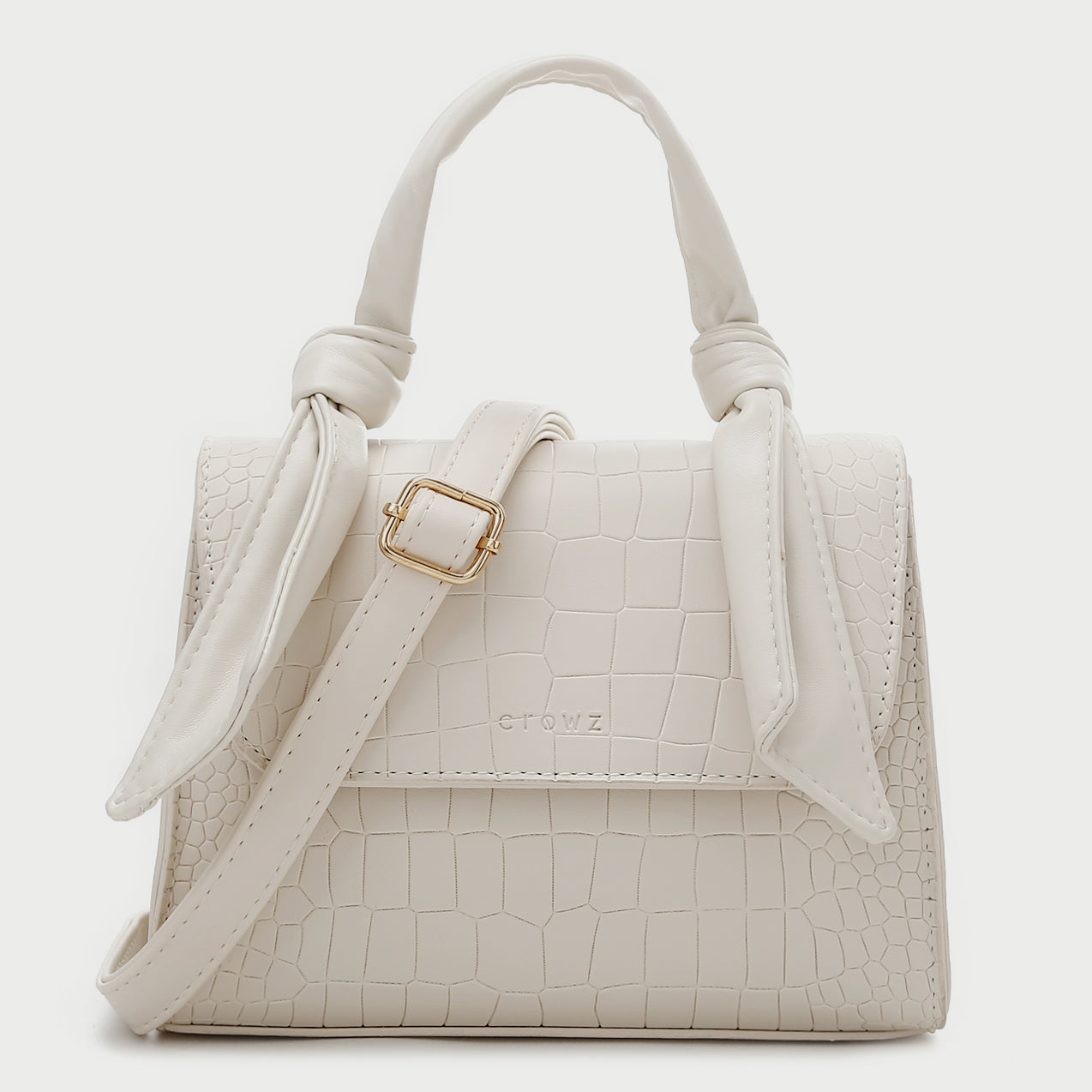 Knotted top handle croc-embossed PU leather crossbody bag