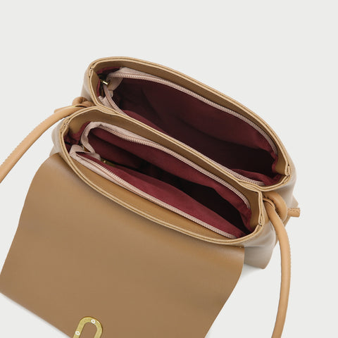 Oval hoop metallic closure dual compartment PU leather bag