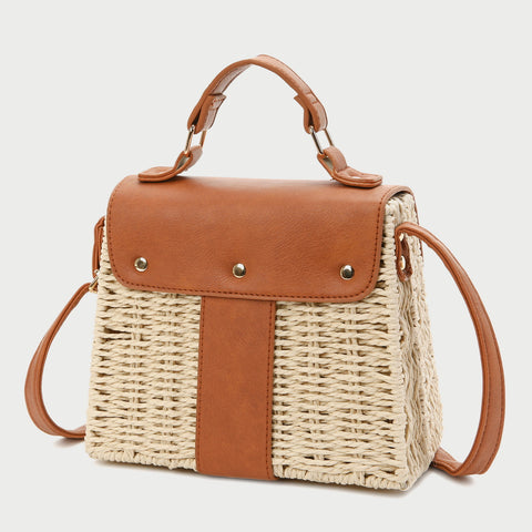 Metal padlock flapover PU leather rattan bag
